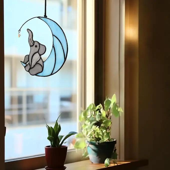 HDCRYSTALGIFTS Glass Elephant Ornament Stained Glass Window Hanging Decor, Modern Design Elephant on Moon with Star Collectibles Handcrafted Sun Catcher Gifts for Birthday Women by GreenHaven Gardens