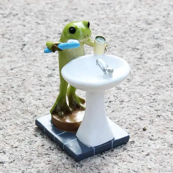 Tfro & Cile Frog Garden Statue Decor Miniature Animal Figurine Outdoor Fairy Brushing Teeth Sculpture for Bathroom - 3.3 Inch Height by GreenHaven Gardens