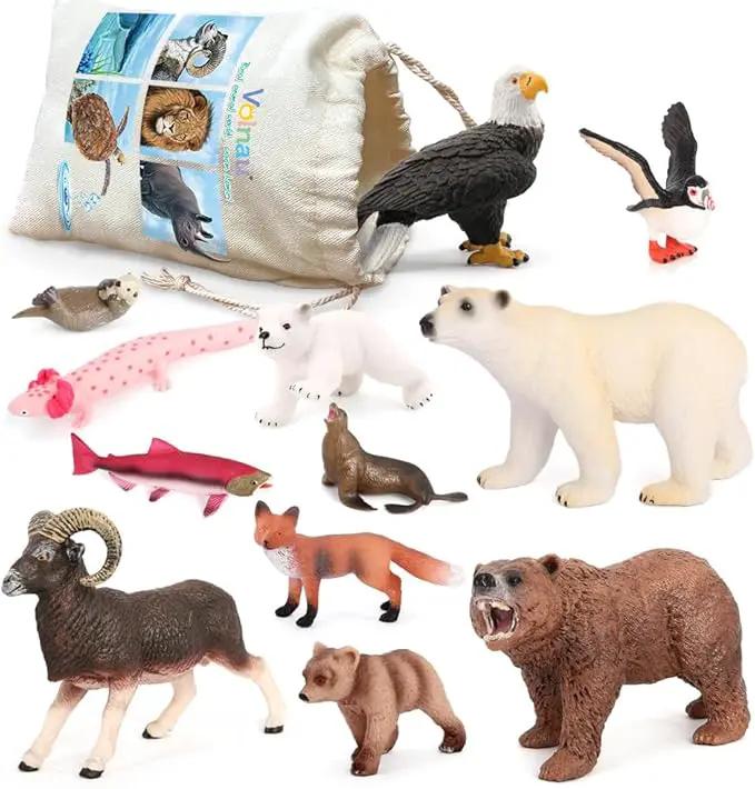 Volnau Safari Animal Figurines Toys 12PCS North America Figures Zoo Pack for Toddlers Kids Christmas Decoration Gift Preschool Educational Bald Eagle Bear Salmon Salamander Jungle Forest Cake Topper by GreenHaven Gardens