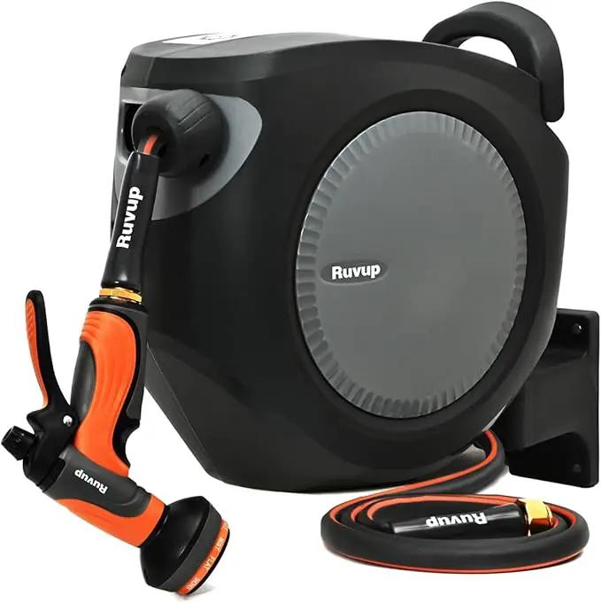 Ruvup Retractable Garden Hose Reel, 1/2in x 50ft Water Hose Reel with 10 Style Nozzle, UV Resistant Automatic Gardening Hose Reel Wall Mount for Outside, Slow Retraction Any Length Lock 180° Swivel by GreenHaven Gardens