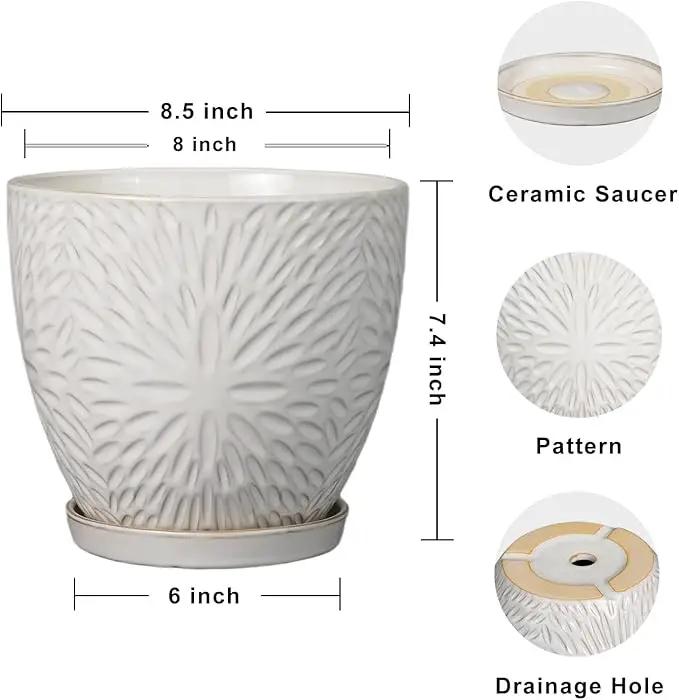 G EPGardening 8 Inch Ceramic Plant Pot with Drainage Hole and Saucer Round Planter Pot for Indoor Outdoor Plants Modern Large Flower Pot White by GreenHaven Gardens