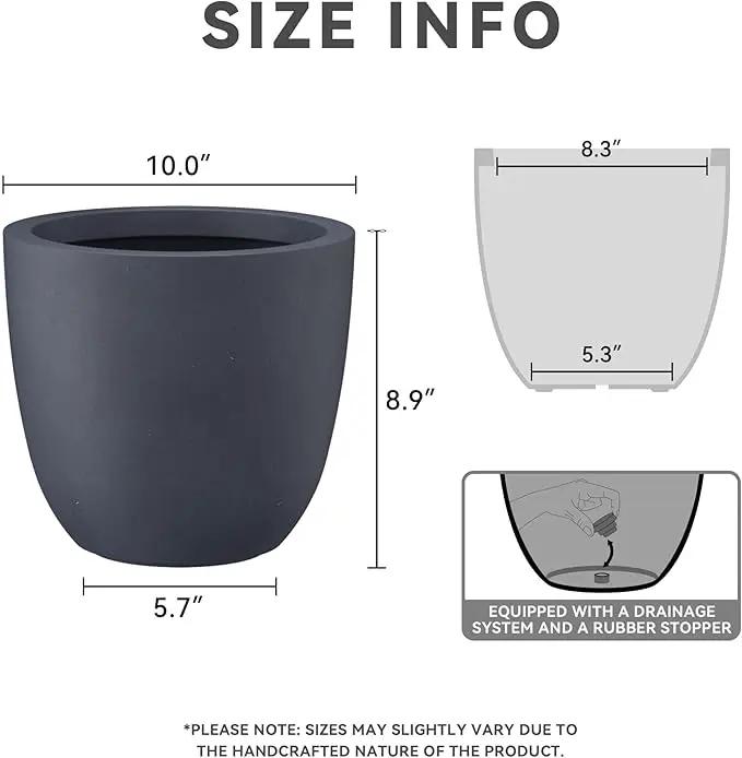 Kante 10 Inch Dia Round Concrete Planter, Indoor Outdoor Large Plant Pot with Drainage Hole and Rubber Plug for Home Patio Garden, Charcoal by GreenHaven Gardens