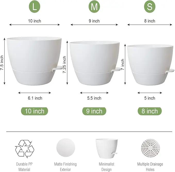 10/9/8 inch Self Watering Pots, Set of 3 Plastic Planters with Mesh Drainage Holes and Deep Reservoir for Indoor Outdoor Garden Plants and Flowers, White by GreenHaven Gardens