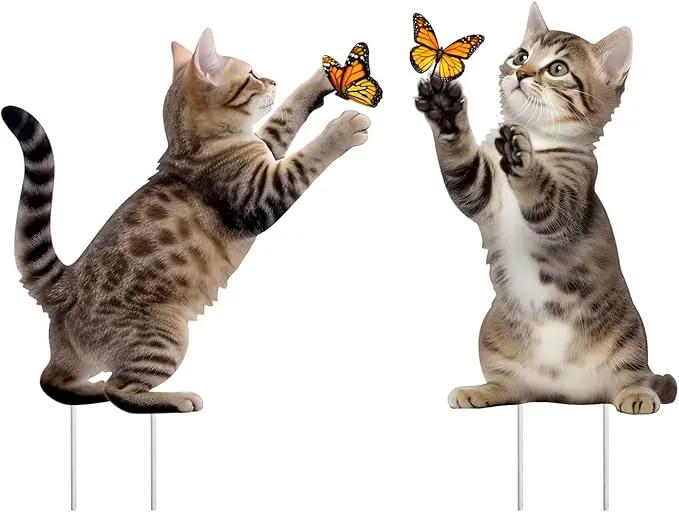 Metal Garden Stakes Decor,Cute Cats Playing with Butterflies Stakes, YGarden Statues Bird Repellent Cat Decorative Garden Stakes for Yard, Garden, Lawn Outdoor Decorations Set of 2 by GreenHaven Gardens