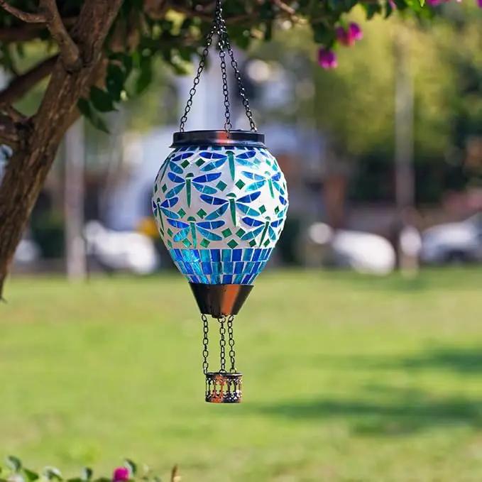 Starsoul Mosaic Dragonfly Hot Air Balloon Solar Lantern Glass Outdoor Hanging Hot Air Balloon Solar Flickering Flame Light Waterproof Garden Patio Yard Party Decorations by GreenHaven Gardens