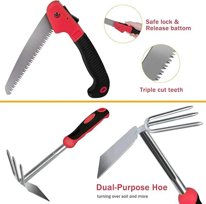 Red Gardening Tools, WisaKey 9 Piece Stainless Steel Heavy Duty Garden Tools, Red Gardening Hand Tools with Non-Slip Ergonomic Handle, Garden Tote Bag, Gardening kit, Gardening Gifts for Women and Men by GreenHaven Gardens