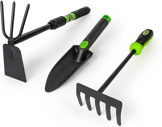 Hoe Garden Tool Set, 3 Piece Handheld Gardening Tools includs Garden Hoe and Cultivator Combo, Mini Hand Rake and Garden Trowel Outdoor Heavy Duty Garden Tools for Weeding or Digging by GreenHaven Gardens
