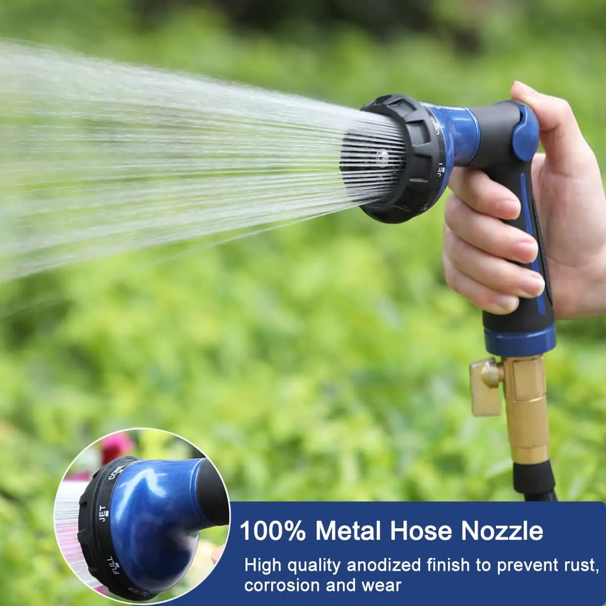 FANHAO Garden Hose Nozzle 100% Heavy Duty Metal Water Hose Sprayer with 8 Spray Patterns, High Pressure Spray Nozzle with Thumb Control, On Off Valve for Watering Plants, Washing Cars & Pets, Blue by GreenHaven Gardens