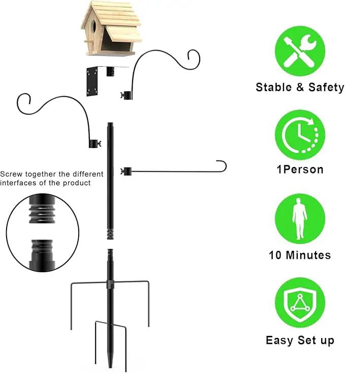 Bird Feeder Pole 118 Inch, Hummingbird House Mount Kit With Squirrel Proof Baffle, Double Shepherds Hooks for Outdoor, Yard, Garden Decor, Black (House Not Included) by GreenHaven Gardens