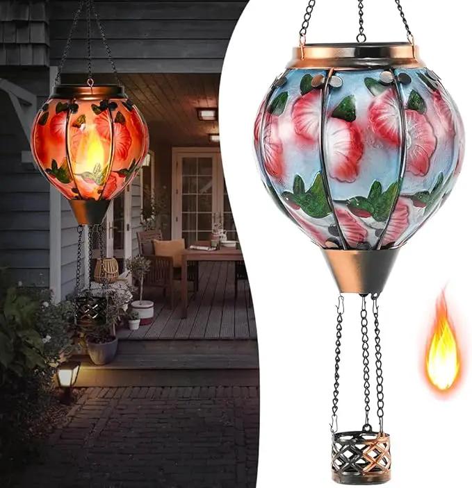 Hot Air Balloon Solar Lantern - Simulated Flickering Flame Hummingbird Glass Lantern, Outdoor Hanging Yard Light Waterproof IP65 & Weather Resistant for Garden Patio Lawn Porch Decor Gfit by GreenHaven Gardens