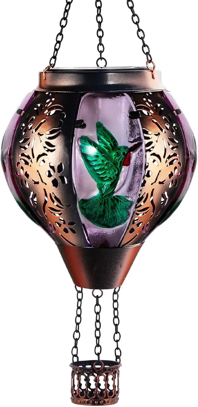 Hot Air Balloon Solar Lantern Outdoor - Flame Hanging Solar Light Waterproof Lanterns for Patio Garden Yard Farmhouse Decor, Great Gift(Hummingbird 2) by GreenHaven Gardens