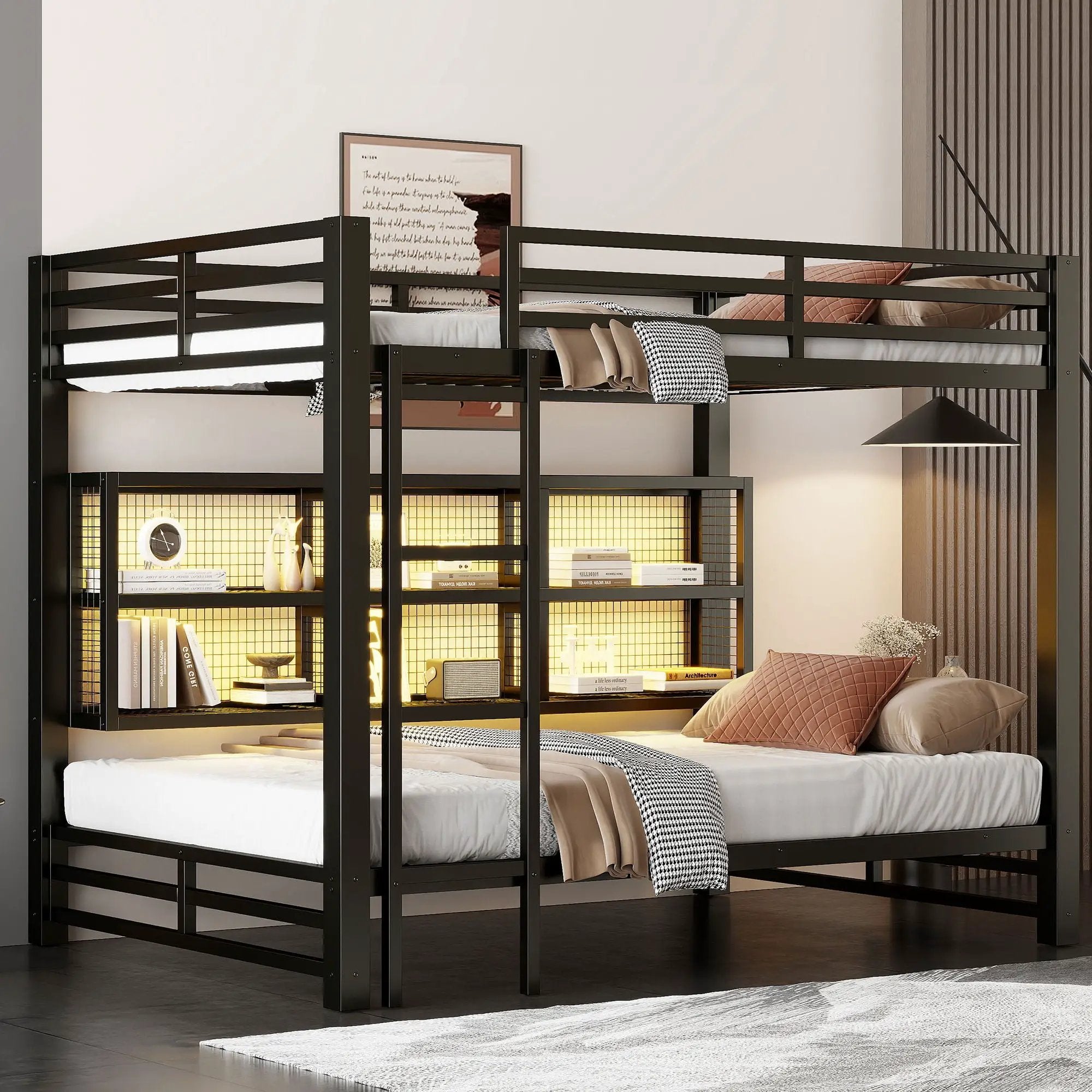 Queen Over Queen Bunk Bed With Storage Cabinets And LED Sturdy Frame, 6 Storage Units, Adjustable LED Lights - Black by Unique Piece Furniture