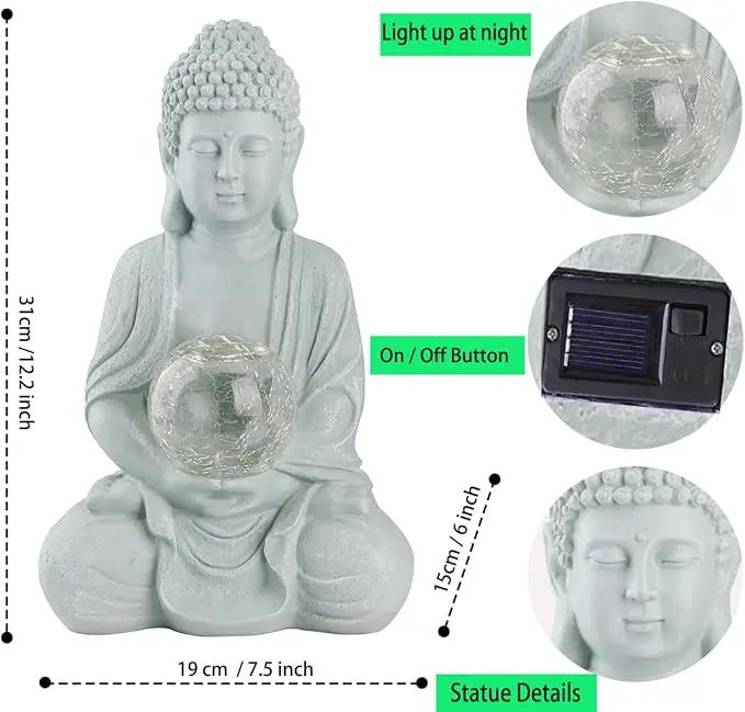 Buddha Garden Statue with Solar Light, Solar Meditating Garden Buddha with Cracked Glass Ball Sculpture-Indoor/Outdoor Decor for Balcony,Garden,Patio,Porch Yard Art Ornament,Gift by GreenHaven Gardens