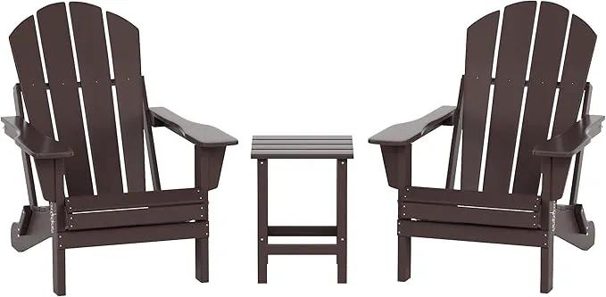 WO Home Furniture Adirondack Chairs Table Set of 3 PCS Outdoor Folding Chairs Side End Table Weather/UV Resistant for Lawn, Garden, Bon Fire, Balcony (Dark Brown) by GreenHaven Gardens