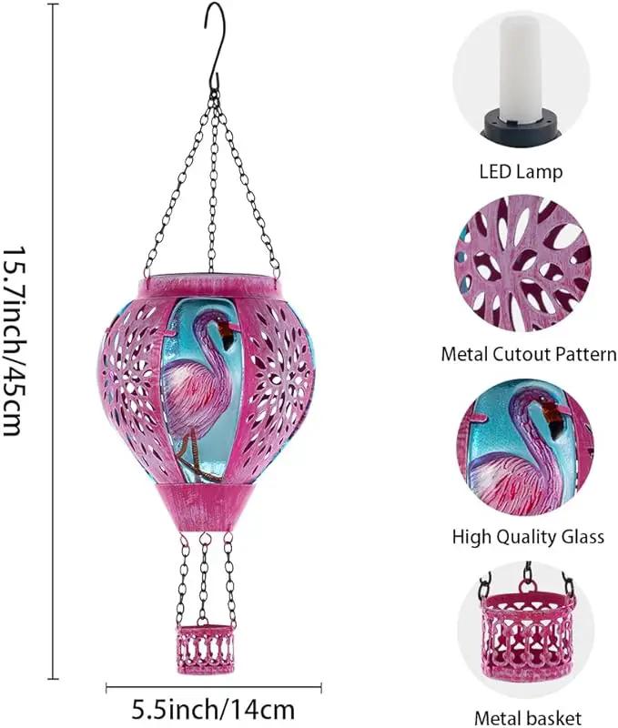 Starsoul Pink Hot Air Balloon Solar Lantern Flamingo Metal & Glass Solar Hot Air Balloon Hanging Garden Light Waterproof Outdoor Lantern for Patio Yard Party Decor by GreenHaven Gardens
