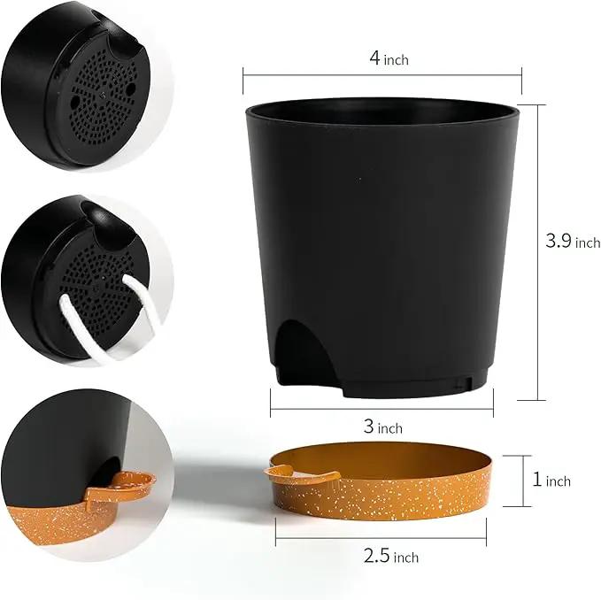 4 inch Small Plant Pots for Outdoor Indoor Plants, 5 Pack Planters with Drainage Holes and Tray, Small Self Watering Pots for Succulent,Cactus, Aloe and Other Plants (Black) by GreenHaven Gardens