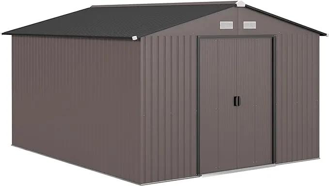 Outsunny 11' x 9' Outdoor Storage Shed, Garden Tool Metal Shed with Foundation Kit, Double Lockable Door, Air Vents and Sloping Roof, for Backyard, Patio, Lawn, Brown by GreenHaven Gardens