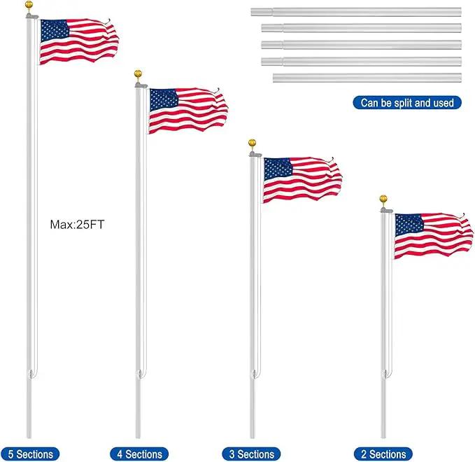 Flag Pole Kit 25FT, 12 Gauge 1.8mm Thickness Heavy Duty Flag Poles with 3x5 American Flag, Silver Flag pole for Outdoor House In Ground, Extra Thick Flagpoles Suitable for Yard and Garden by GreenHaven Gardens