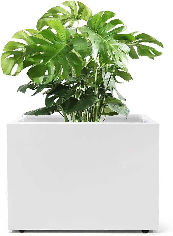 Metal Planter Box Rectangular Block-No Installation Required Galvanized Steel Long Box Planter Modern Outdoor Planters All-Weather Use with Drainage Holes for Patio/Porch,16 ×12×12IN（White） by GreenHaven Gardens