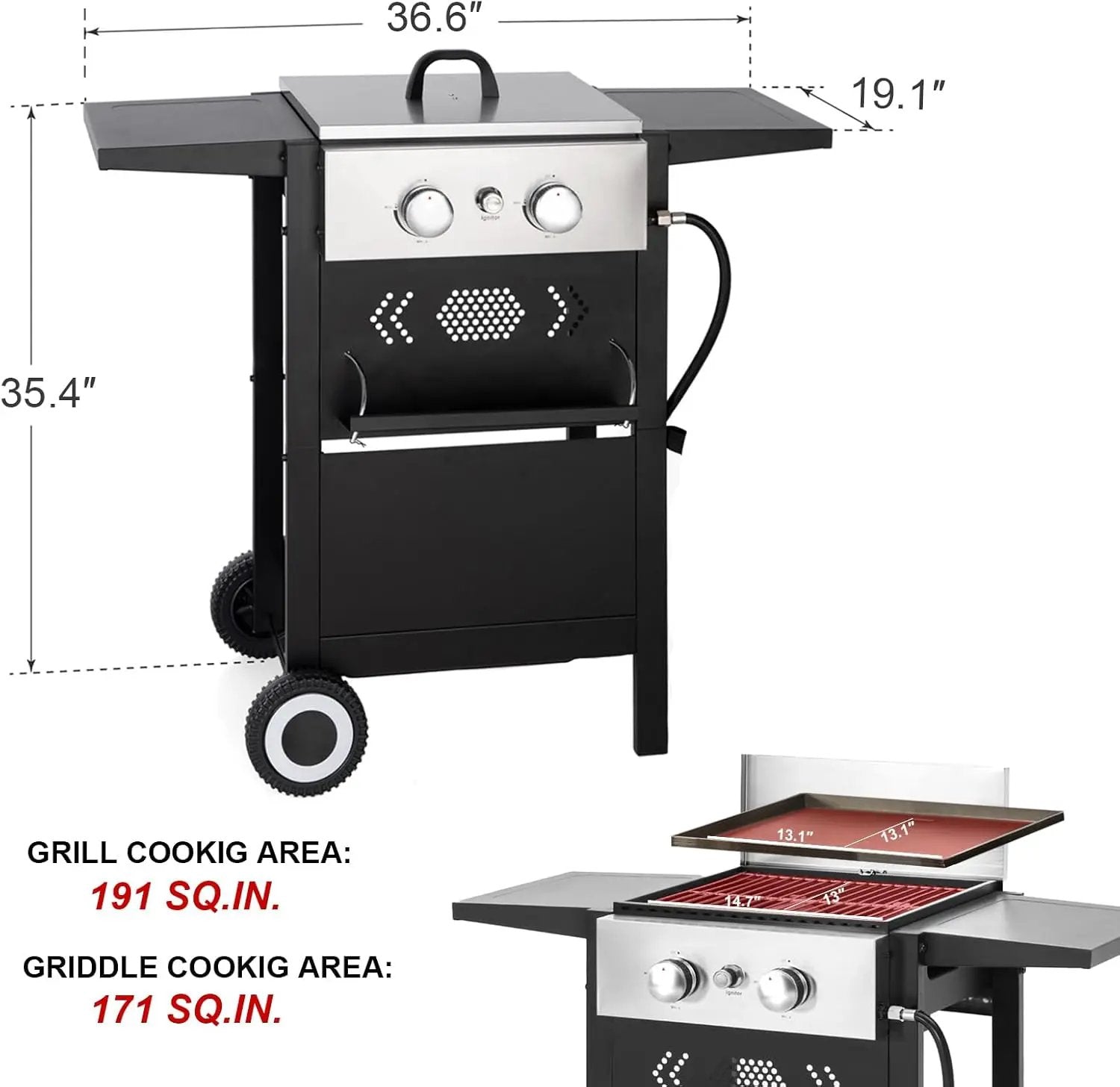 GREEN PARTY 2 Burner Griddle Grill Combo, 2 in 1 Propane Gas BBQ Grill w/Cast Iron Plate, 20,000 BTU Output Small Flat Top Propane Barbecue Grill for Camping, Patio, Backyard, Balcony by GreenHaven Gardens