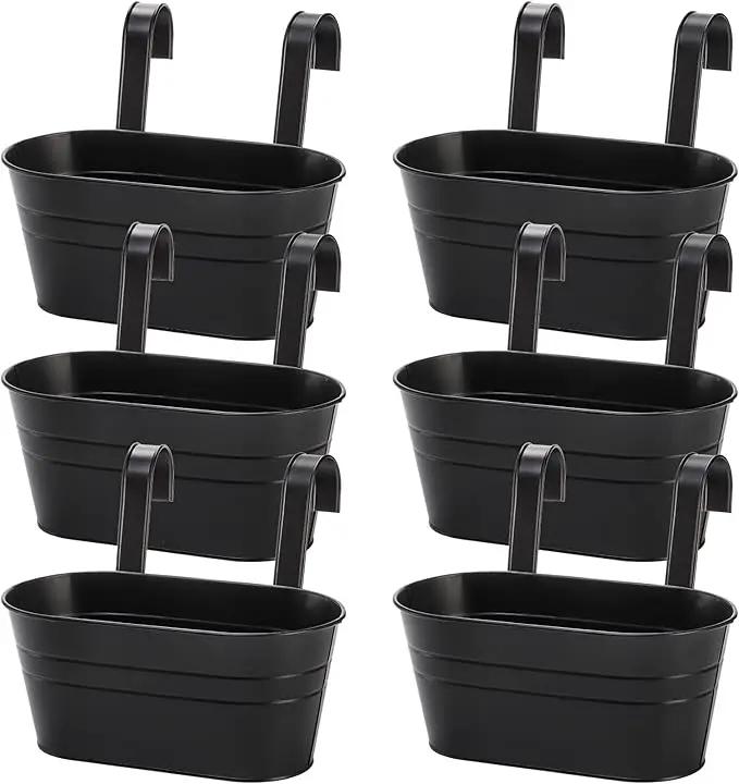 Foraineam 6 Pack Hanging Flower Pots, Metal Iron Hanging Planter Plant Pot Holders for Railing Fence Balcony, Black Hanging Bucket Pots Outdoor Porch Decors with Detachable Hooks and Drain Holes by GreenHaven Gardens