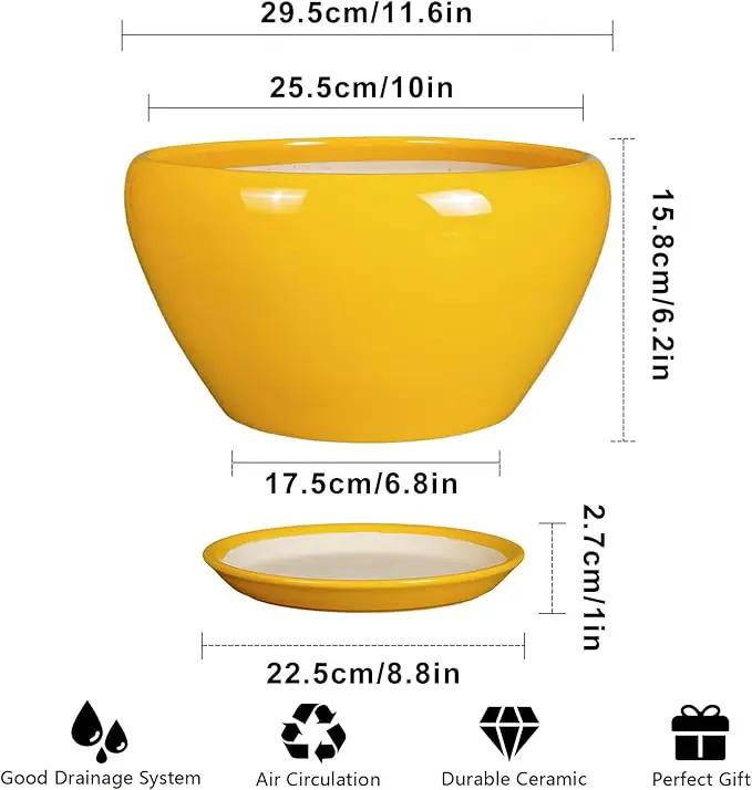 Indoor Planter 11 Inch - Decorative Mid-Century Large Ceramic Plant Pot for Outdoor Plants with Drainage Hole and Saucer, Home Balcony House Garden Patio Office Room Decor, Yellow by GreenHaven Gardens