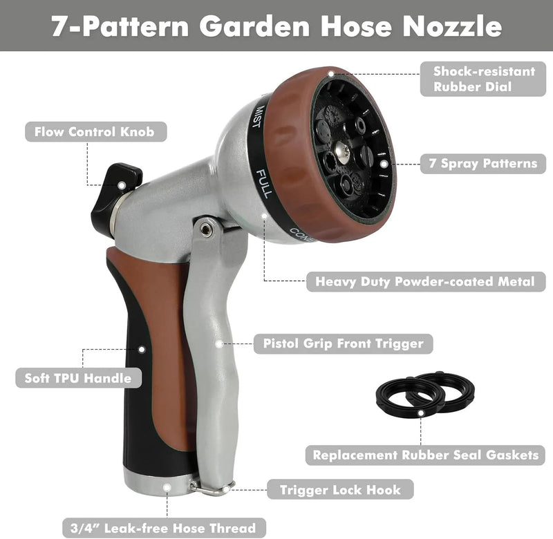 RESTMO Garden Hose Nozzle, Heavy Duty Metal Water Hose Nozzle with 7 Adjustable Spray Patterns, High Pressure Hand Sprayer with Flow Control, Best for Watering Plant & Lawn, Washing Car & Pet, Brown by GreenHaven Gardens