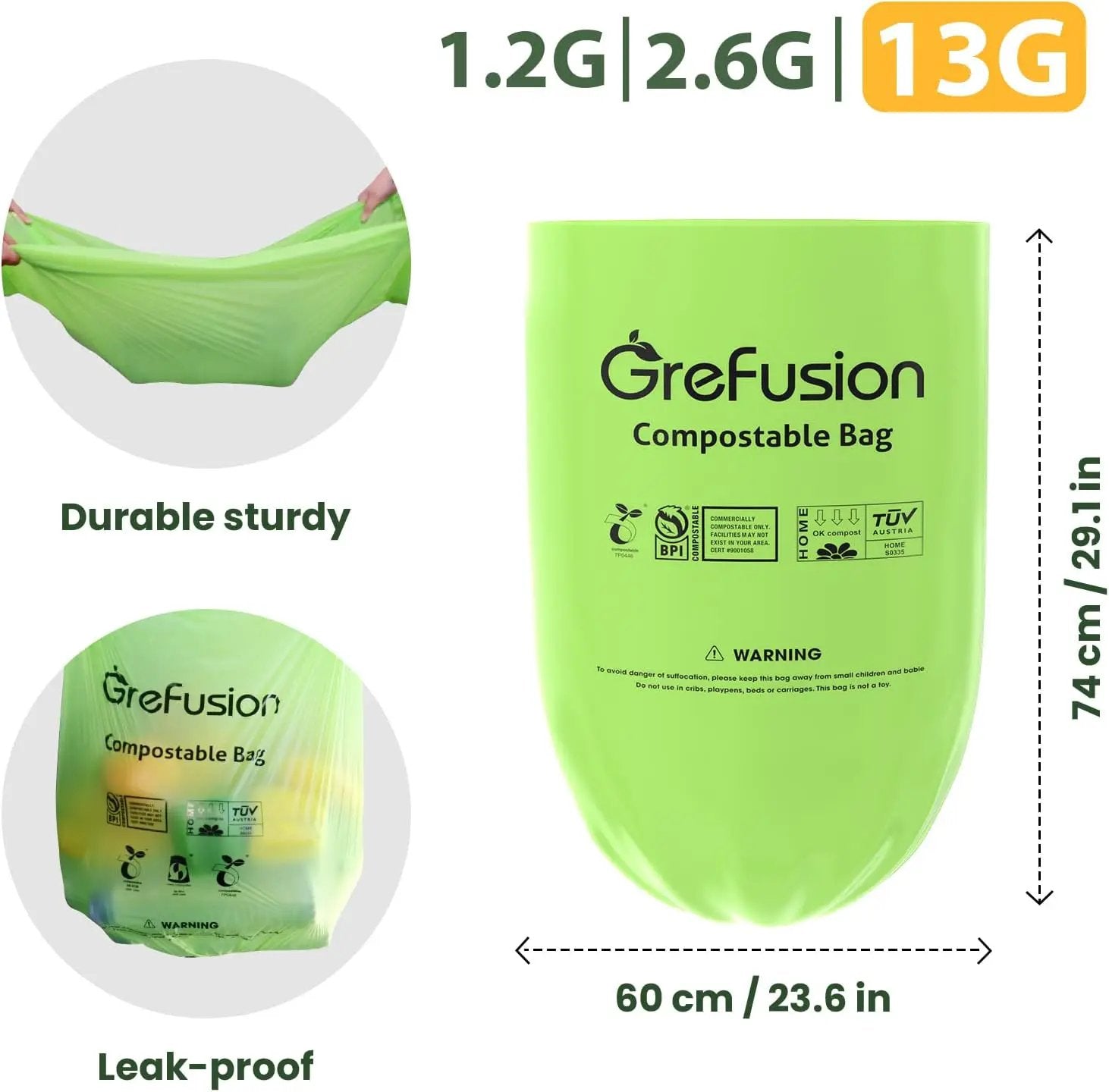 Compostable Bags,Trash bags 13+ gallon tall kitchen, Compostable Trash Lawn & Leaf Yard Waste Bags,Kitchen Compost Trash Bin Compatible,Extra Thick1.01 Mills,Certified by BPI and OK Compost(50count) by GreenHaven Gardens