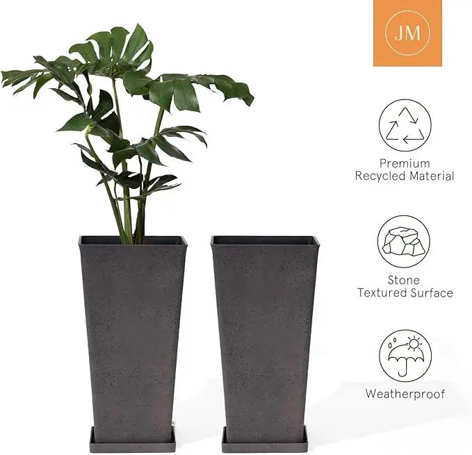 LA JOLIE MUSE 26 inch Tall Planters for Outdoor Plants,Set of 2 Tapered Planters with Trays,Iron Plastic Rectangular Tall Planters for Front Door, Patio and Deck, 26'' Iron With Tray by GreenHaven Gardens