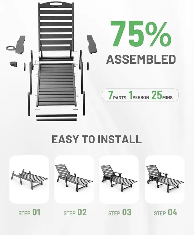 Lounge Chair Outdoor Set of 4 with Wheels, Adjustable 6-Position Chaise Lounge Outdoor, Patio Lounge Chair for Poolside Backyard, Grey by GreenHaven Gardens