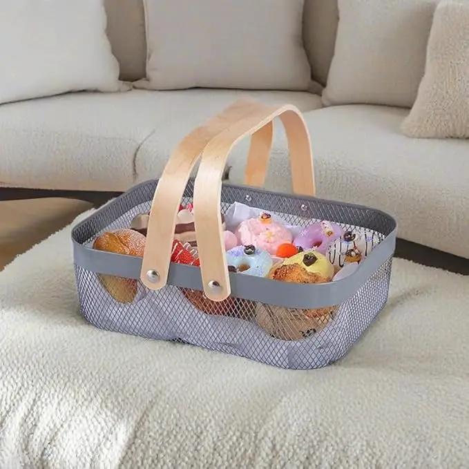 Metal Mesh Steel Basket, Storage Organizer Basket Garden Harvest Basket Multi-functional Kitchen Fruit Baskets Bin with Wooden Handle for Bathroom Picnic Shopping Decor Cabinet Home, Grey by GreenHaven Gardens