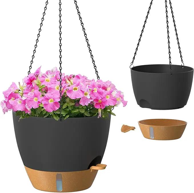 ZMTECH 12 Inch Hanging Planters for Indoor Outdoor Plants, 2 Pack Self Watering Hanging Plant Pots with Drainage Hole, Visual Reservoir, Plastic Flower Hanging Pots with Watering Lip (Black) by GreenHaven Gardens