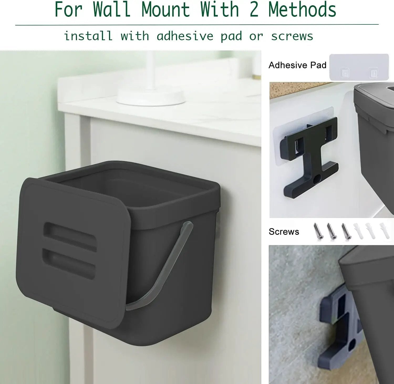 Kitchen Trash Can with Lid, LALASTAR Wall-Mounted Under Sink Small Garbage Can for Kitchen, Bathroom, Compost Bin Countertop, Cabinet Trash Can Hanging, 1.8 Gallon, (Black, 7L) by GreenHaven Gardens