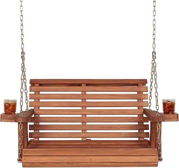 Amish Casual 3 Foot Roll Back Porch Swing with Cup Holders in Cedar Stain - Amish Made in The USA from Treated Pine Heavy Duty 700 Lb. Weight Capacity by GreenHaven Gardens
