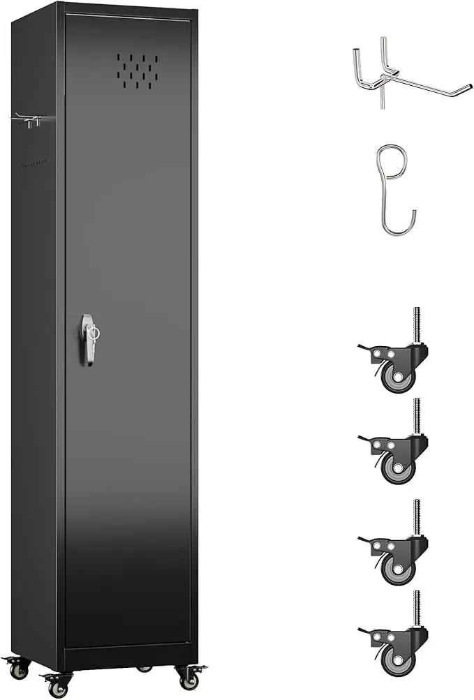 72''H Metal Broom Closet Storage Cabinet with Wheels & Pegboards, Mops Broom Closet Organizer with Locking Door & Hanging Rod,Cleaning Tool Garage Storage Cabinet,Assembly Required,Black by GreenHaven Gardens