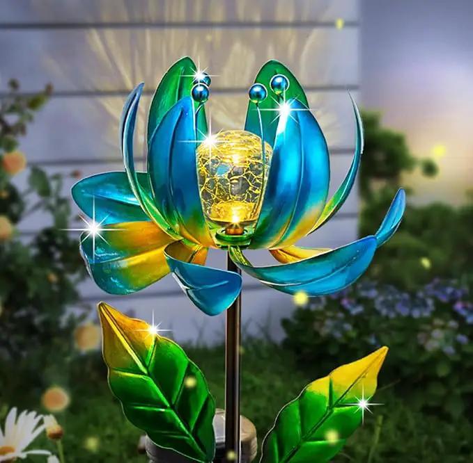 Solar Yard Lights Wind Spinners- Metal Lotus Flower Garden Decor LED Crackle Glass Globe Yard Art Sculpture Solar Stake Lights for Patio Pathway Lawn Walkway by GreenHaven Gardens