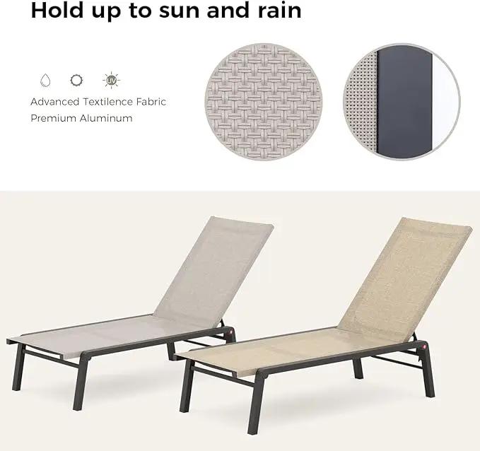 Patio Chaise Lounge Set of 2 with 4 Adjustable Backrest, Foldable Aluminum Chaise Lounge Chair Recliner for Outdoor, Poolside, Sun Tanning Beige by GreenHaven Gardens