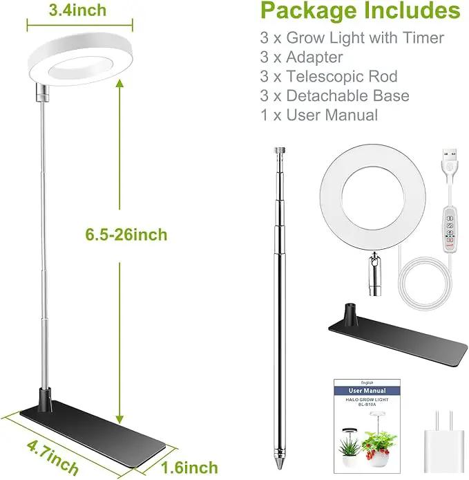 Grow Lights for Indoor Plants, 48 LEDs Full Spectrum Halo Plant Light for Indoor Plants, Height Adjustable Growing Lamp with Detachable Base, 3 9 12Hrs Timer, 10 Brightness, 3 Pack by GreenHaven Gardens