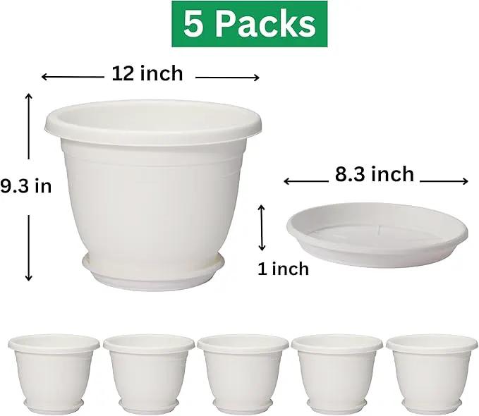 5 Packs 12 inch Flower Pots + Saucer, Planters for Indoor & Outdoor Plants with Drainage Holes | Plastic Flower Pots, Large Planter (White, 12 inch) by GreenHaven Gardens
