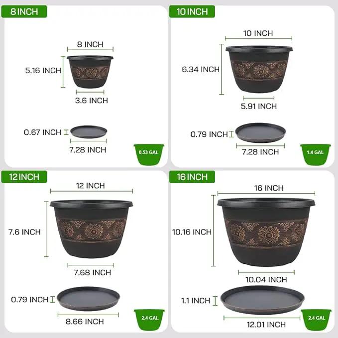 6 Pack 8 inch Plant Pots, Retro Pattern Planters with Drainage Holes and Saucer, Sturdy Plastic Garden Flower Pots for Indoor & Outdoor Plants by GreenHaven Gardens