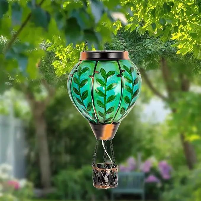 Green Leaf Hot Air Balloon Solar Lantern with Flickering Flame Light,Glass Hanging Solar Lanterns Outdoor Waterproof Hot Air Balloon Decor for Patio Party Yard Tree,Garden Gifts for Women Mom by GreenHaven Gardens