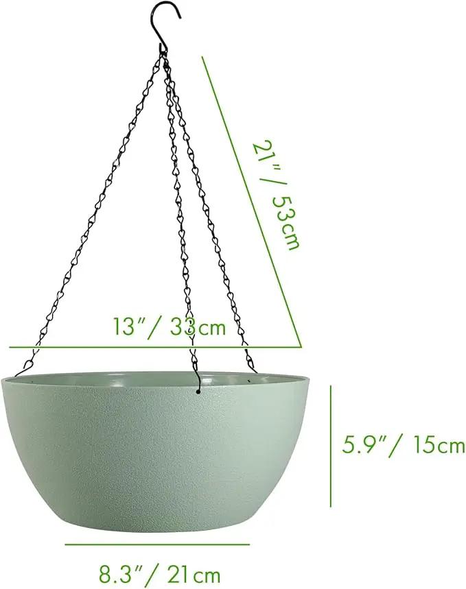 13 inch Large Hanging Planters Plant Pots for Outdoor Indoor Plants with Drainage Holes and Chain, 2 Pack Round Hanging Flower Pots for Garden Home Porch Decor, Green by GreenHaven Gardens