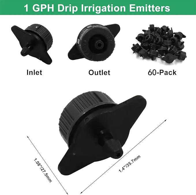 60 Pcs Drip Irrigation Emitters, 1 GPH Pressure Compensating Irrigation Drippers for Garden Lawn Watering Irrigation System, Black by GreenHaven Gardens