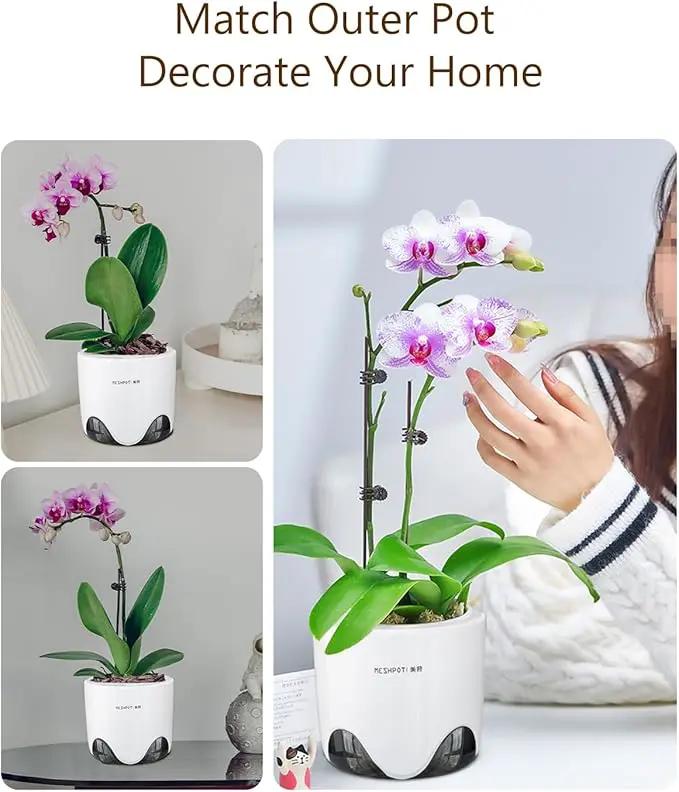 6 inch Orchid Pots with Holes for Repotting with Excellent Airflow, Set of 2, Double Layer Plastic Imitate Ceramic Orchid Planter, Clear Orchid Pot Match Decorative Orchid Container by GreenHaven Gardens