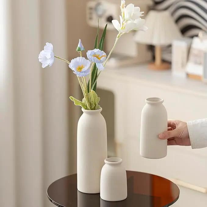 Ceramic Vase Set-3, Small Flower Vases for Decor, Modern Boho Farmhouse Style, Decorative Vases for Pampas Grass & Dried Flowers, Distressed Finish (Beige) by GreenHaven Gardens