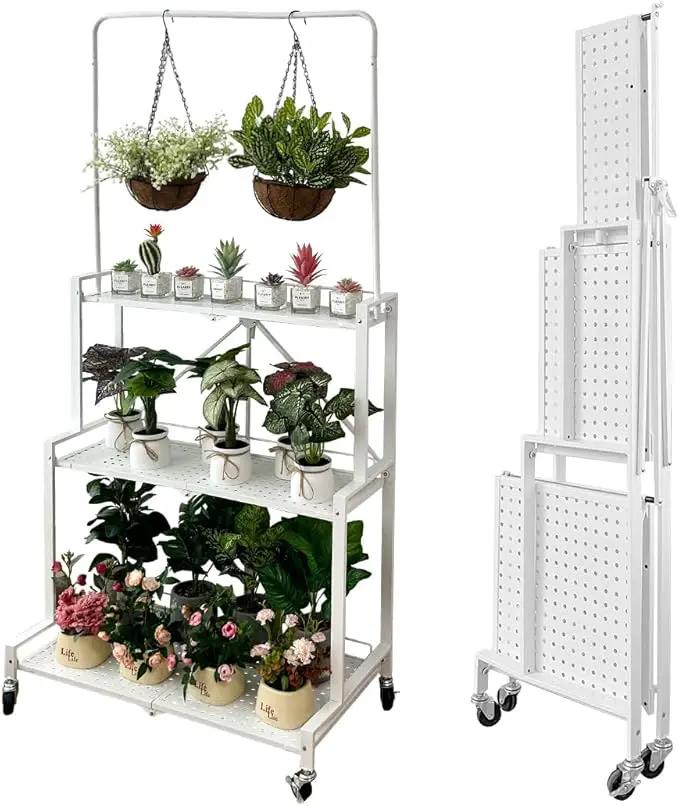 lumizone Foldable 4-Tier Plant Stand Indoor Outdoor Hanging Plant Shelf No Assembly Required Pot Placement Area With Wheels Sturdy Fall Prevention Storage Shelf Flower Pot Stand(4 Tier-White) by GreenHaven Gardens