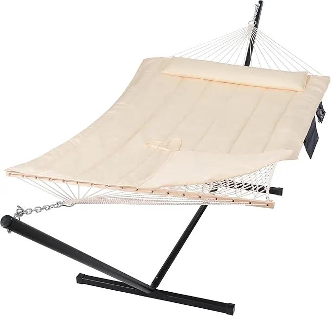 SUNCREAT Two Person Hammock with 12ft Stand Included, Max 475lbs Capacity, Heavy Duty Free Standing Hammock, Beige by GreenHaven Gardens