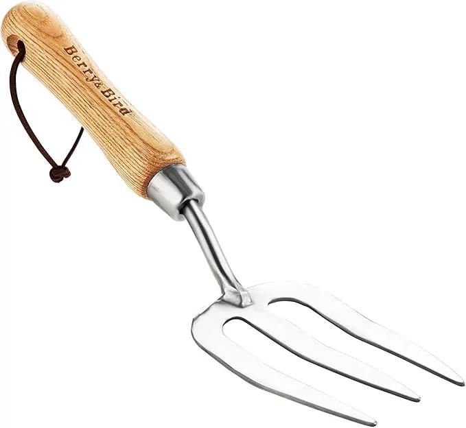 Berry&Bird Gardening Hand Fork, Stainless Steel Hand Weed Fork, Traditional Garden Hand Fork Tool with Ergonomic Ash Wood Handle for Weeding, Digging, Planting and Cultivating by GreenHaven Gardens