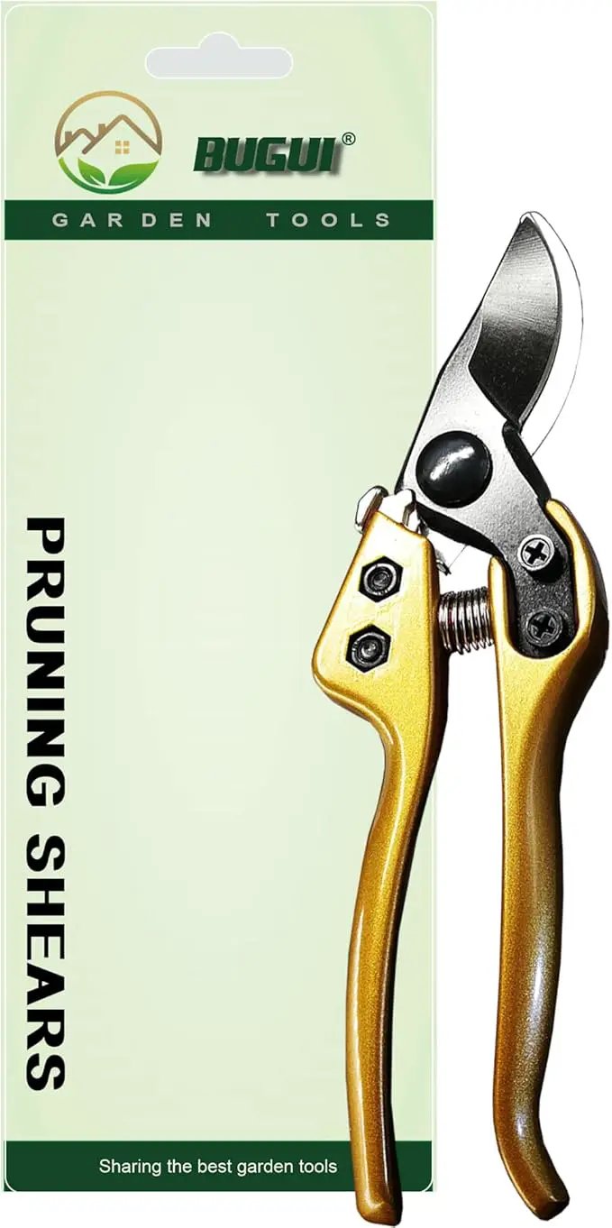 BUGUI 8" Heavy-Duty Pruning Shears, Professional Bypass Gardening Scissors, 1" Cutting Capacity, Sharp Garden Clippers with Low-friction Painted Stainless Steel Blade (Gold) by GreenHaven Gardens