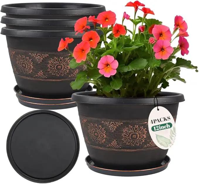4 Pack 12 inch Plant Pots, Retro Pattern Planters with Drainage Holes and Saucer, Sturdy Plastic Garden Flower Pots for Indoor & Outdoor Plants by GreenHaven Gardens